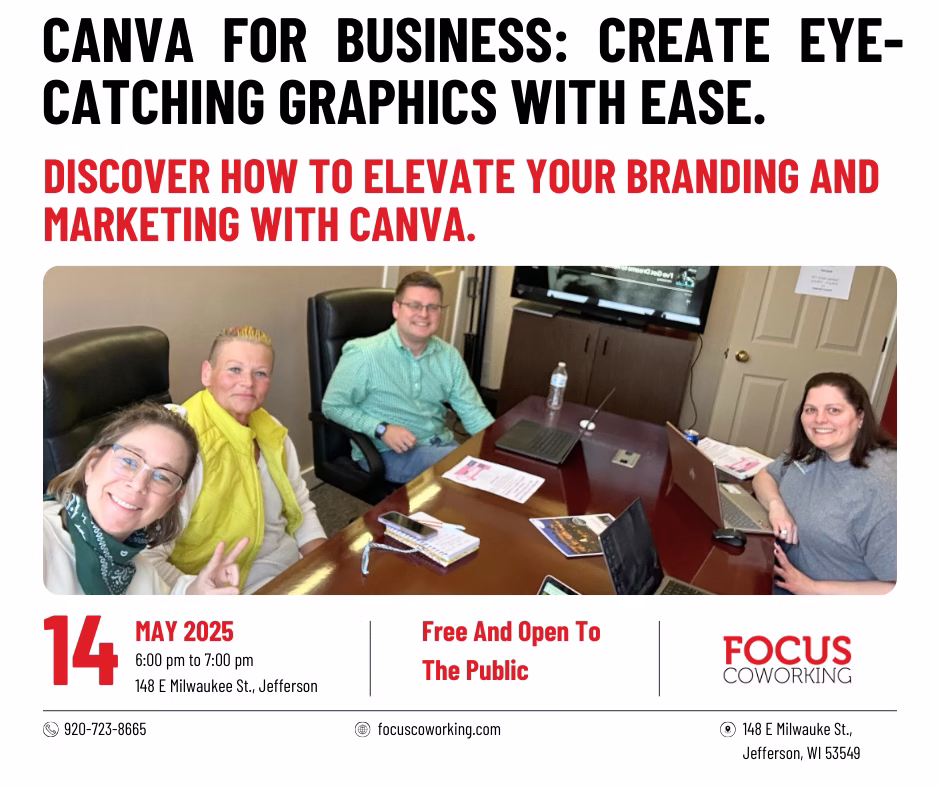 People in the FOCUS Coworking Conference room learning about Canva.
