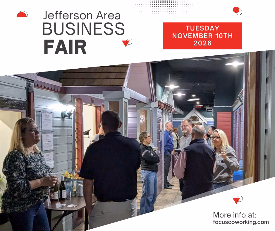 2026-jefferson-area-business-services-fair-square A graphic for the Jefferson Area Business Fair with the date on it (Tuesday, November 10, 2026), and an image of people talking at a previous business services fair.